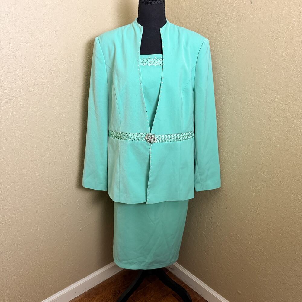 Francesca Bellini 2 Pc Skirt Suit Size 14 Mint Green Rhinestone Church Set